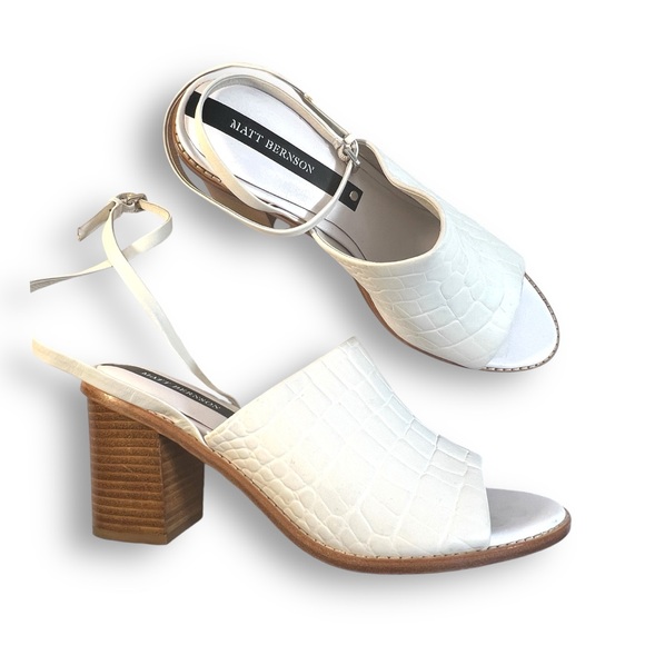MATT BERNSON White leather Croc Embossed Ankle strap Peep Toe Mules SZ 10 - Picture 12 of 16